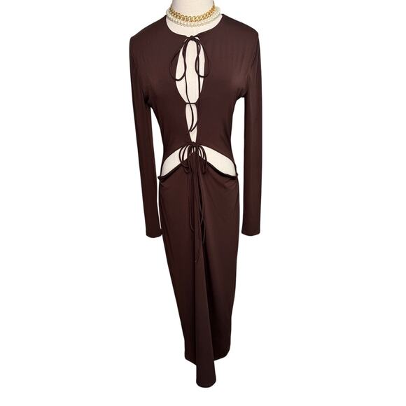 Aya Muse Perugia Dress long sleeve tie front chocolate brown size large L - Picture 8 of 16